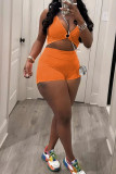 Tangerine Red Celebrities Solid Hollowed Out Patchwork Backless V Neck Sleeveless Two Pieces
