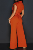Tangerine Red Casual Elegant Solid Patchwork Pocket V Neck Regular Jumpsuits
