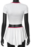 White Street Bandage Patchwork Fold Contrast U Neck Short Sleeve Two Pieces