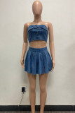 Sky Blue Sexy Street Solid Patchwork Buckle Sleeveless Two Pieces
