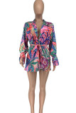 Rose Red Street Print Patchwork Buckle Turndown Collar Long Sleeve Two Pieces