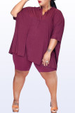 Burgundy Casual Solid Patchwork Slit V Neck Plus Size Two Pieces