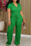 Red Casual Solid Patchwork Draw String Pocket Buckle V Neck Short Sleeve Two Pieces