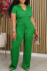 Green Casual Solid Patchwork Draw String Pocket Buckle V Neck Short Sleeve Two Pieces