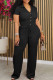 Black Casual Solid Patchwork Draw String Pocket Buckle V Neck Short Sleeve Two Pieces