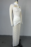 White Sweet Elegant Solid Lace Bandage Hollowed Out Patchwork Buttons See-through Backless Cross Straps Slit Mandarin Collar Long Dresses