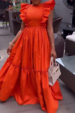 Tangerine Red Sweet Elegant Solid Patchwork Flounce Fold O Neck A Line Dresses