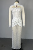 White Sweet Elegant Solid Lace Bandage Hollowed Out Patchwork Buttons See-through Backless Cross Straps Slit Mandarin Collar Long Dresses