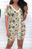 Black Casual Print Patchwork V Neck Short Sleeve Two Pieces