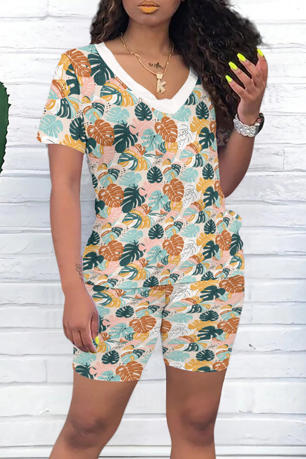 Multicolor Casual Print Patchwork V Neck Short Sleeve Two Pieces