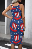White Blue Red Casual Print The stars American Flag Contrast U Neck One Step Skirt Dresses