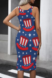 Tibetan Blue Casual The stars American Flag Print Contrast U Neck One Step Skirt Dresses