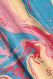 Blue Casual Gradient Print Contrast U Neck One Step Skirt Dresses
