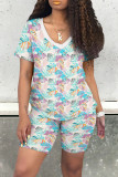 Black Casual Print Patchwork V Neck Short Sleeve Two Pieces