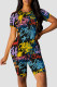 Yellow And Blue Casual Print Patchwork O Neck Short Sleeve Two Pieces