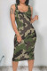 Army Green Casual Camouflage Print Contrast U Neck One Step Skirt Dresses