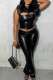 Black Street Solid Hollowed Out Patchwork Buttons Zipper O Neck Sleeveless Two Pieces