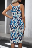 Grey Casual Camouflage Print Contrast U Neck One Step Skirt Dresses