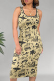 Blue Casual Print Patchwork U Neck Wrapped Skirt Dresses
