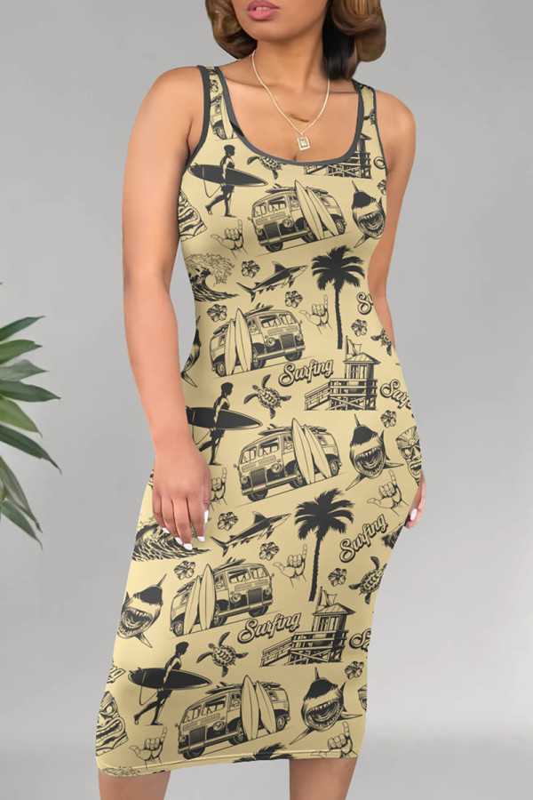 Khaki Casual Print Patchwork U Neck Wrapped Skirt Dresses