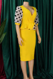 Yellow Elegant Dot Patchwork Slit V Neck A Line Dresses