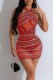 Red Sexy Patchwork See-through Backless Hot Drill O Neck Wrapped Skirt Dresses