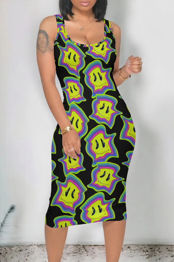 Black Casual Smiley face print U Neck One Step Skirt Dresses