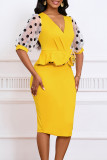 Yellow Elegant Dot Patchwork Slit V Neck A Line Dresses