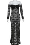 Black Sexy Solid Lace Patchwork See-through Off the Shoulder Long Dresses