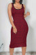 Red Vintage Print Patchwork U Neck Wrapped Skirt Dresses