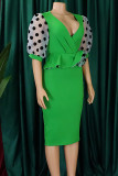 Green Elegant Dot Patchwork Slit V Neck A Line Dresses