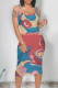 Royal Blue Casual Gradient Print Contrast U Neck One Step Skirt Dresses