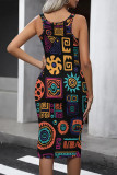 Black Casual Print Graffiti U Neck One Step Skirt Dresses