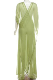 White Sexy Solid Hollowed Out Patchwork See-through Mesh V Neck Long Dresses