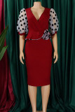 Yellow Elegant Dot Patchwork Slit V Neck A Line Dresses