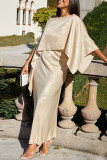 Cream White Celebrities Solid Patchwork Slit Off the Shoulder Long Sleeve Two Pieces