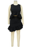 Black Street Solid Patchwork Fold Stringy Selvedge O Neck Sleeveless Two Pieces
