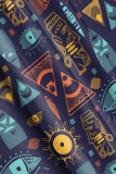 Navy Blue Casual Print Graffiti U Neck One Step Skirt Dresses