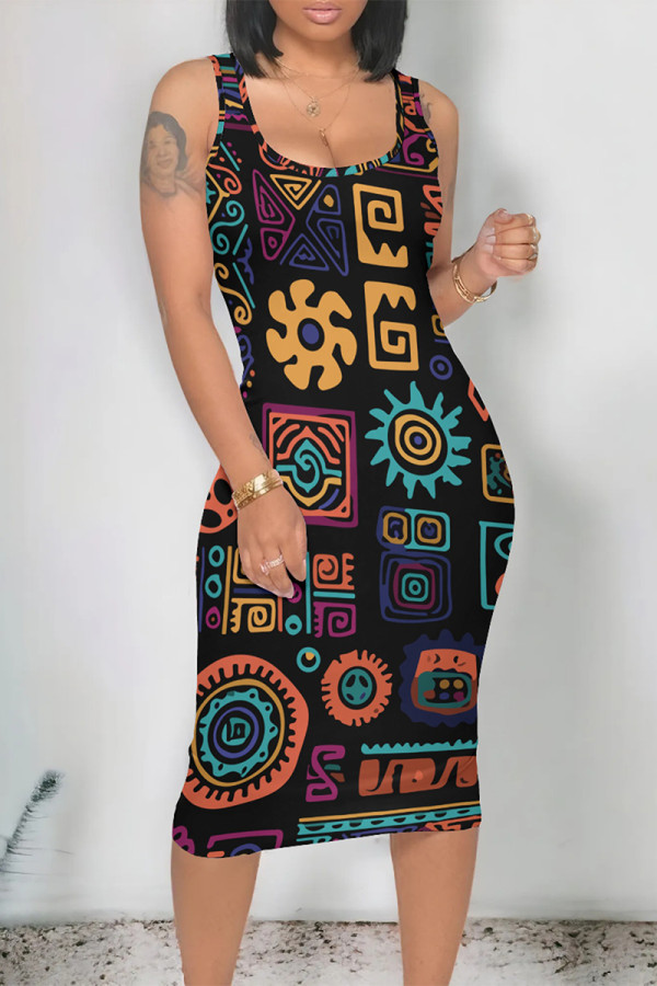 Black Casual Print Graffiti U Neck One Step Skirt Dresses