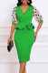 Green Elegant Dot Patchwork Slit V Neck A Line Dresses