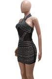 Black Sexy Patchwork See-through Backless Hot Drill O Neck Wrapped Skirt Dresses