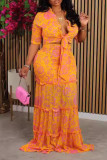 Orange Street Print Bandage Patchwork Fold V Neck Half Sleeve Two Pieces