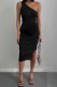 Black Sexy Letter Embroidered One Shoulder One Step Skirt Dresses