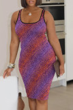 Purple Orange Elegant Print Leopard Patchwork Square Collar Wrapped Skirt Dresses