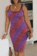 Purple Orange Elegant Print Leopard Patchwork Square Collar Wrapped Skirt Dresses