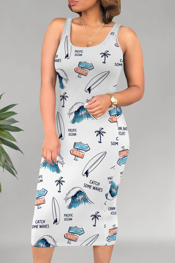White Black Casual Print Patchwork U Neck Wrapped Skirt Dresses