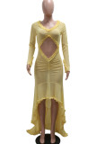 Yellow Sexy Solid Hollowed Out Patchwork Off the Shoulder Long Dresses