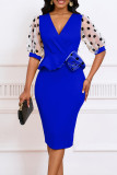 Yellow Elegant Dot Patchwork Slit V Neck A Line Dresses