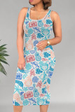 Baby Blue Casual Print Patchwork U Neck Wrapped Skirt Dresses