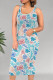 White Blue Casual Print Patchwork U Neck Wrapped Skirt Dresses